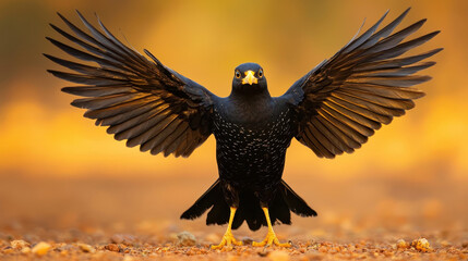 Naklejka premium striking myna bird with outstretched wings, showcasing its vibrant plumage in warm, golden background