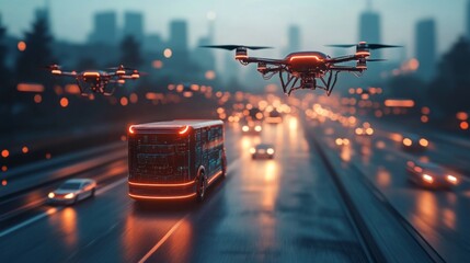 High-tech logistics network operates in an urban setting with autonomous vehicles and drones actively delivering packages
