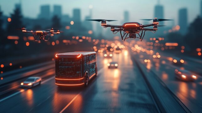 High-tech logistics network operates in an urban setting with autonomous vehicles and drones actively delivering packages