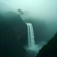 In the distance, there is an ethereal, dark and mysterious white waterfall on top of floating mountains, Emei in Sichuan Province. The clouds and mist cover it from view, creating a mysterious atmosph