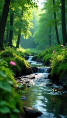 Obraz premium Lush greenery and a small river in the Sakhalin region with a single flower, forest, rivers, wildlife