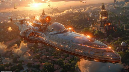Futuristic spaceship soaring above a vibrant cityscape at sunset, showcasing advanced technology and urban life