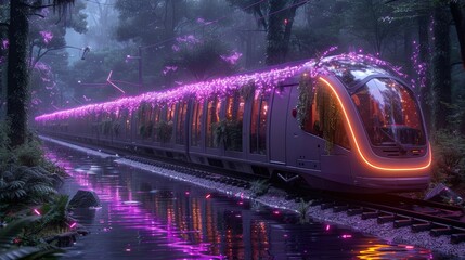 Futuristic train adorned with vibrant flowers travels through a mystical forest at twilight, reflecting in water