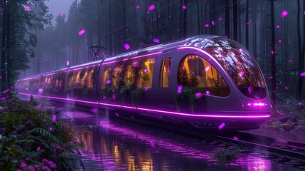 Futuristic train gliding through a misty forest, illuminated by neon lights, surrounded by vibrant flora