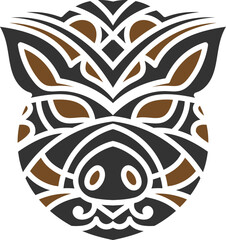 Stylized tribal boar tattoo design featuring intricate geometric patterns in black and brown, symbolizing strength, resilience, and courage.
