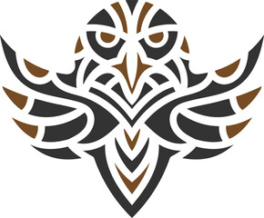 Stylized tribal owl tattoo design featuring bold geometric patterns in black and brown, symbolizing wisdom, strength, and spirituality.