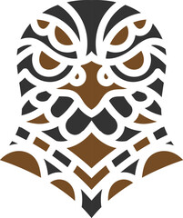 Detailed tribal owl tattoo design with bold geometric patterns in black and brown, symbolizing wisdom, intuition, and spiritual power.