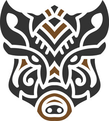 Fierce tribal wild boar tattoo design featuring intricate geometric patterns in black and brown, symbolizing strength, power, and resilience.
