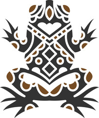 Stylized tribal frog tattoo featuring bold geometric and ornamental patterns in black and brown, symbolizing transformation, adaptability, and natures balance.