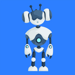 Illustration of a futuristic robot featuring antennae and headphone-like designs, standing against a vibrant blue background.