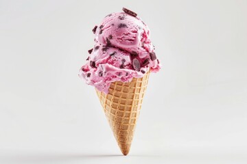 Pink ice cream cone with cookies on white background. AI generated