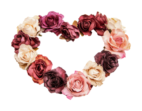 Heart shaped arrangement of various roses for romantic occasions such as anniversaries, weddings, or love declarations, cut out