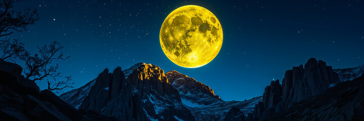 huge yellow moon in the mountains, night
