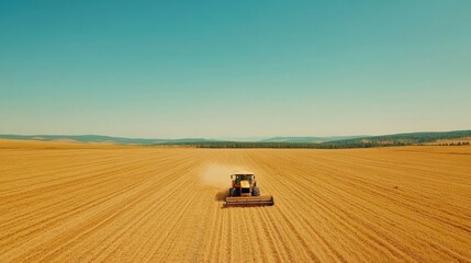 Obraz premium Tractor Harvesting Golden Wheat Field on Sunny Day Aerial View