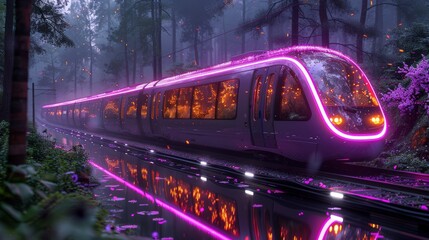 Futuristic train gliding through a misty forest, reflecting vibrant lights in a serene waterway