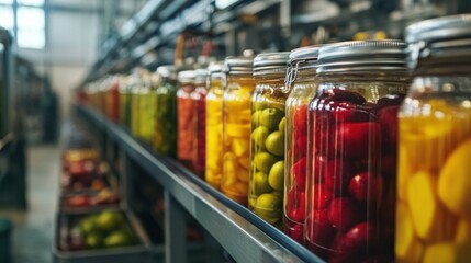 Colorful jars containing fruits and vegetables on a shelf display