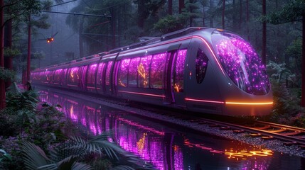 Futuristic train gliding through a mystical forest at dusk, reflecting vibrant colors on water