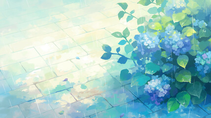 Fototapeta premium 雨上がりの石畳と青い紫陽花｜爽やかな季節の背景素材