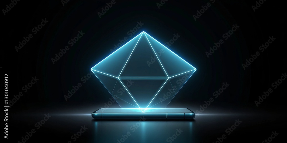 Aufkleber A futuristic, glowing object like a sleek tech device or geometric shape, floating against a dark black background to create a sense of mystery