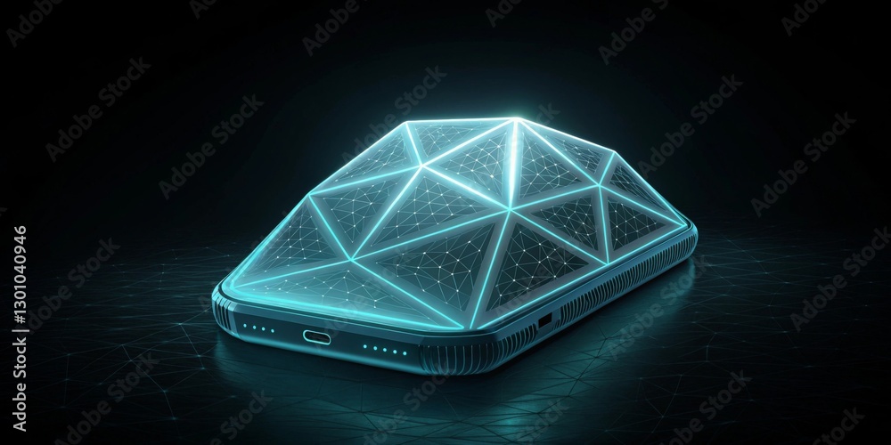Aufkleber A futuristic, glowing object like a sleek tech device or geometric shape, floating against a dark black background to create a sense of mystery