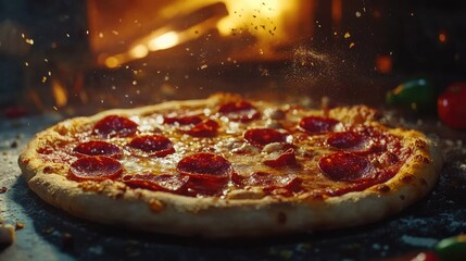 Traditional pepperoni pizza with salami. Spicy tasty pizza. Italian cuisine.