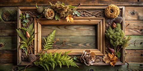 A beautifully crafted wooden frame with intricate carvings sits atop a weathered wooden shelf filled with dried flowers, ferns, and moss, intricate carvings, ferns