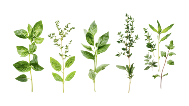 Fresh herbs collection featuring basil, thyme, mint, oregano, and sage for culinary use and gourmet cooking inspiration, cut out