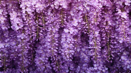 Cluster of cascading purple wisteria flowers hanging in full bloom with vibrant colors and green leaves. Dense floral composition in a natural setting. Generative AI