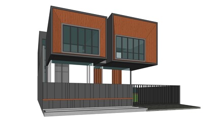 3D model of a house exterior. Wood and grey tones, geometric shapes, and varied textures. Detailed architectural visualization, residential design concept, and digital rendering of a unique facade