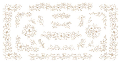 Luxury floral set line art frame, border, corner. Elegant bouquet of flowers, branches, leaves. Vector illustration with botanical decorative elements for greeting card, wedding decor
