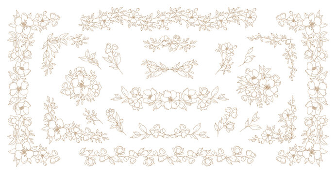 Luxury floral set line art frame, border, corner. Elegant bouquet of flowers, branches, leaves. Vector illustration with botanical decorative elements for greeting card, wedding decor