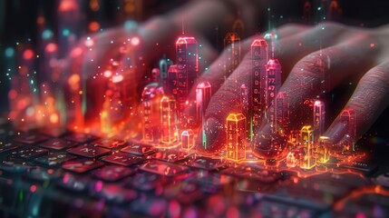 Hands typing on a keyboard with vibrant digital cityscape emerging, illustrating technology and creativity