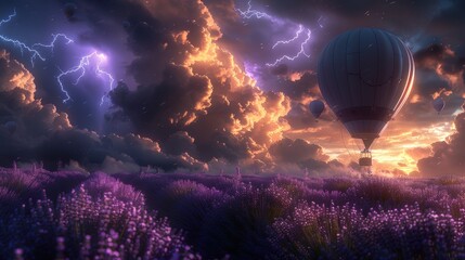 Hot air balloon floating over a lavender field during a dramatic sunset with lightning in the background
