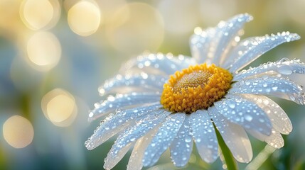 Close-up view of white daisy adorned with sparkling water droplets, emphasizing its vibrant yellow center. Soft blurred background depth serenity creating refreshing natural composition. Generative AI