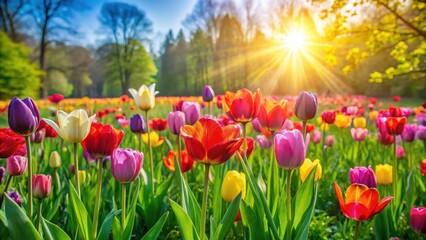 Vibrant blooming tulips surround a lush green meadow on a sunny spring day, garden, greenery