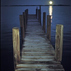 Fototapeta premium A quiet fishing dock, with the full moons glow reflecting gently on the wooden planks ar 16:9 v 6.1 q 2
