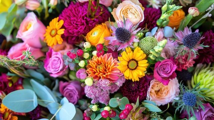 A vibrant floral bouquet featuring a variety of flowers such as roses lilies and dahlias, arranged in a decorative centerpiece. Bright colors lush greenery festive or romantic occasions. Generative AI