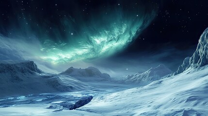 Frozen alien landscape featuring icy peaks and a vibrant aurora in green hues. A mysterious planet hovers in the starry night sky surreal otherworldly scene of cosmic beauty isolation. Generative AI