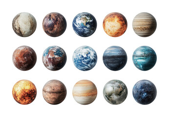 Celestial bodies collection showcasing diverse planets and moons in various colors and textures for educational and design purposes, cut out
