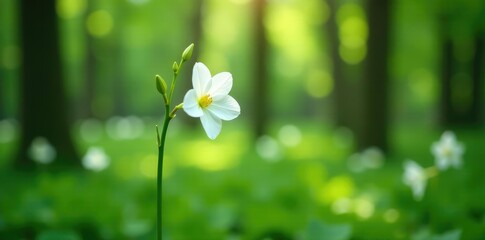 White freesia blooms on a green stem in a forest, trees, nature, flower