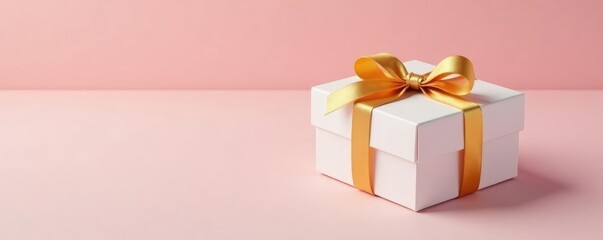 White gift box with golden ribbon tied in a bow, gift, package, decorative