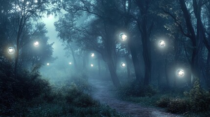 Fototapeta premium Enchanted forest filled with glowing orbs of warm light hanging from tall trees. The magical, misty atmosphere creates a serene yet mysterious woodland scene, evoking fantasy and wonder. Generative AI