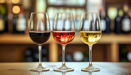 Different tasty wines in glasses on table indoors, selective focus