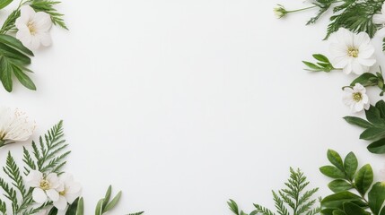 Fototapeta premium delicate arrangement of blooming spring flowers and green plants isolated against pristine white background creating