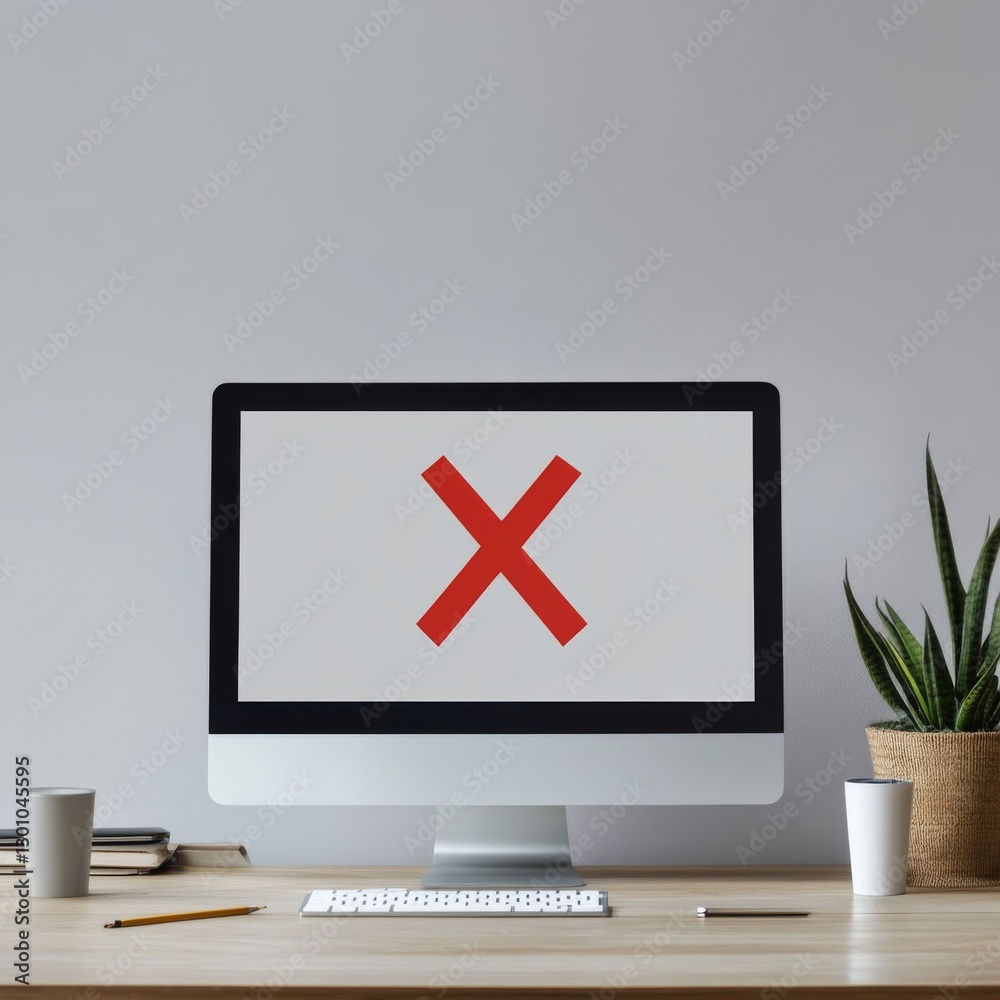 Leinwandbilder computer displaying red x, indicating error or problem on desk with plant and mugs, representing tec