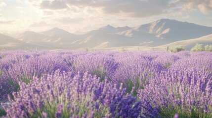 Obraz premium Lavender field at sunset, with vibrant purple flowers stretching toward majestic snow-capped mountains in distance. The scenic landscape tranquility, natural beauty charm of rural life. Generative AI