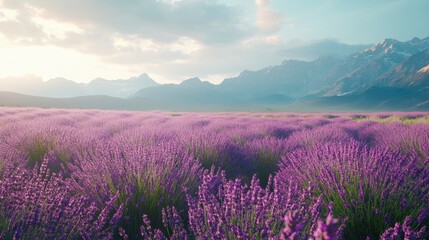 Obraz premium Lavender field at sunset, with vibrant purple flowers stretching toward majestic snow-capped mountains in distance. The scenic landscape tranquility, natural beauty charm of rural life. Generative AI