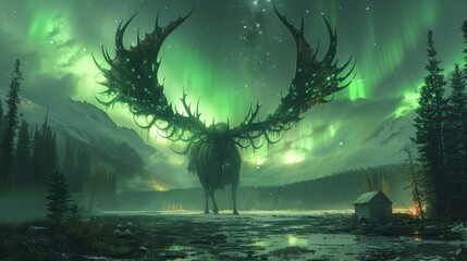 Majestic creature with antlers under the northern lights, reflecting in a tranquil lake surrounded by mountains