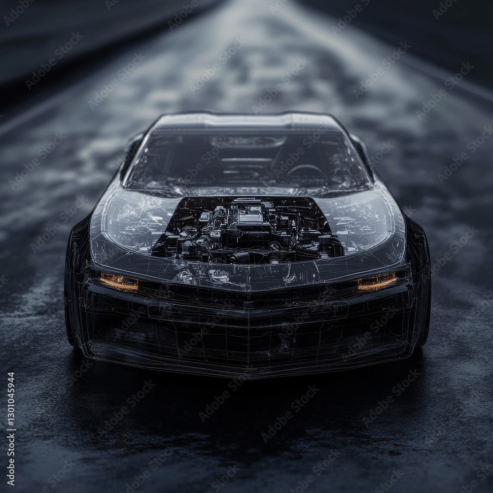 Poster futuristic wireframe car on wet road: a striking automotive display of engineering and design