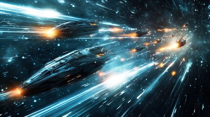 Naklejka premium Fleet of futuristic starships traveling at warp speed through glowing blue cosmic tunnel. The dynamic scene the concept of interstellar travel advanced technology high-speed exploration. Generative AI